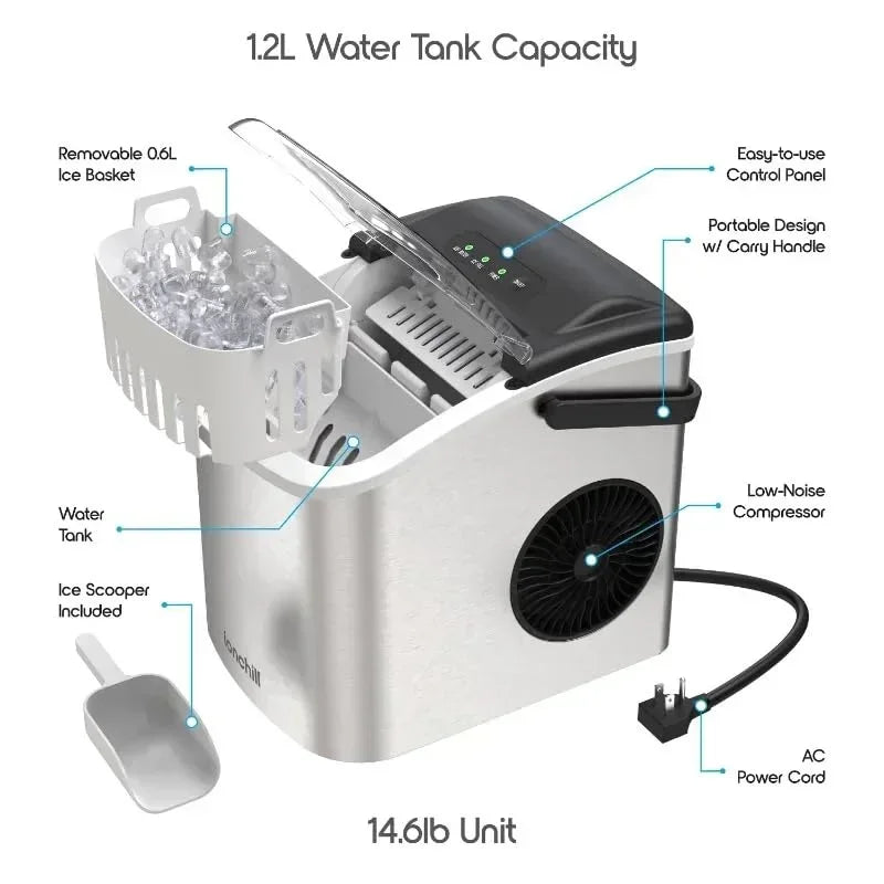 Electric Ice Maker Machine - Bullet Ice Cubes for Home & Office